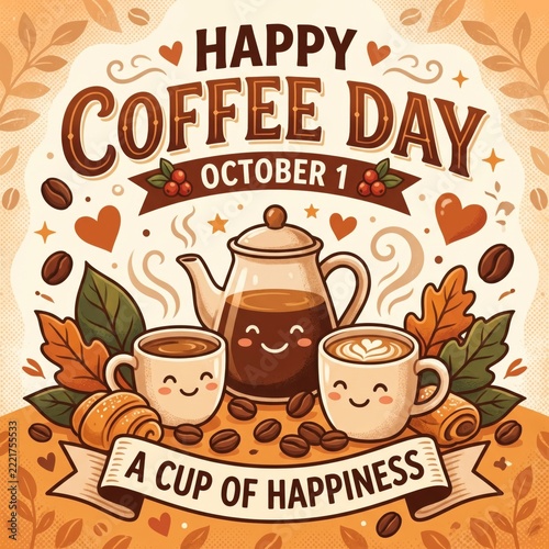 Happy coffee day illustration with a smiling teapot and two mugs with coffee beans