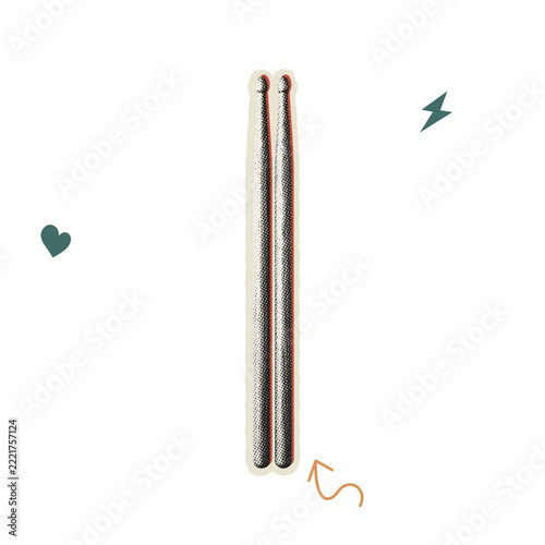 Pair of wooden drumsticks with halftone texture and decorative musical instrument accessory isolated on black background