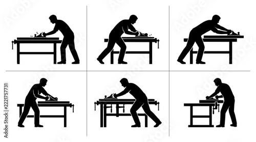 Carpenter planing wood silhouettes set with figures working at workbench for carpentry or woodworking logos