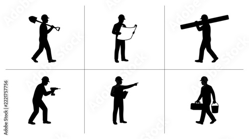 Construction worker silhouettes set with shovel, blueprint, lumber, drill, pointing and toolbox for industry and labor