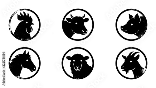 Farm animal heads set with rooster, cow, pig, horse, sheep and goat