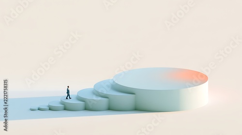 Businessman walking up a sequence of increasingly larger circular