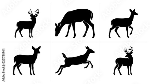 Deer silhouettes set with stag, doe, fawn, grazing, running and standing for wildlife or nature logos