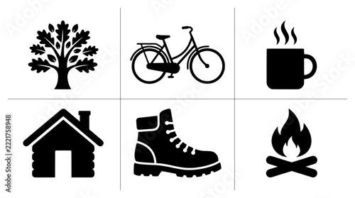 Outdoor activity icons set with tree, bicycle, hot drink, cabin, boot and campfire for travel and leisure