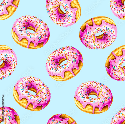 Donut seamless pattern. Watercolor pink donut with different topping on blue background. Texture for fabric, wrapping, wallpaper. Decorative print
