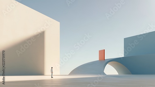 Professional standing alone before a large architectural wall in a