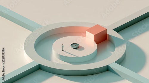 Tiny professional standing on a circular platform with a compass and