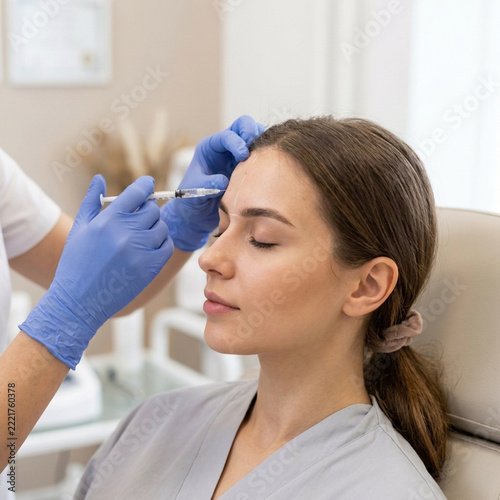 Dermatologist administering facial filler injection to a womans forehead for anti aging