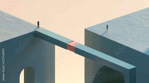 Two people standing on separate architectural platforms connected by