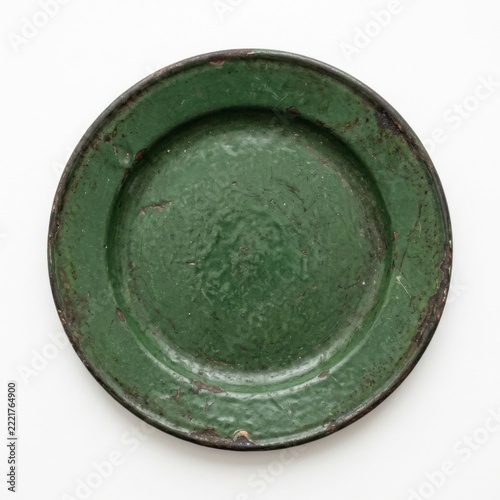 Vintage Green Enamel Plate Rustic Kitchenware Aged Dishware Retro Tableware Country Style Dining Faded Color Textured Surface Old Utensil