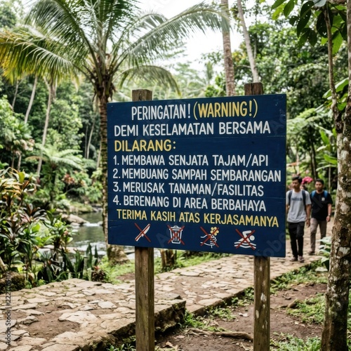 Warning Sign in Tropical Nature Trail with Hikers Jungle Path River Lush Greenery Outdoor Adventure