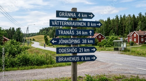 Swedish Countryside Signpost with Directions to Gränna Jönköping and Odeshög