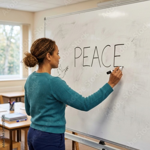 Teacher Writes Peace and Dove with Olive Branch on Whiteboard in Classroom