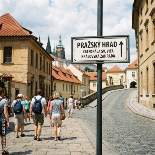 Tourists walk up cobblestone street in Prague towards Prague Castle and St Vitus Cathedral