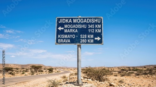 Somalia Road Sign Distances to Mogadishu Marka Kismayo Brava in Arid Landscape