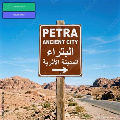 Petra Ancient City Sign Directional Marker in Desert Landscape Jordan