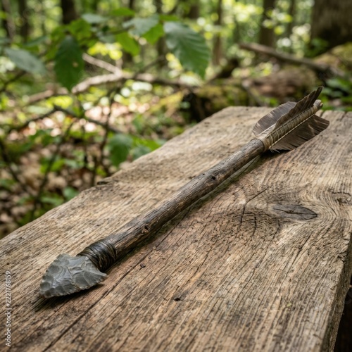 Primitive Arrow with Flint Head on Wooden Log in Forest Ancient Hunting Weapon
