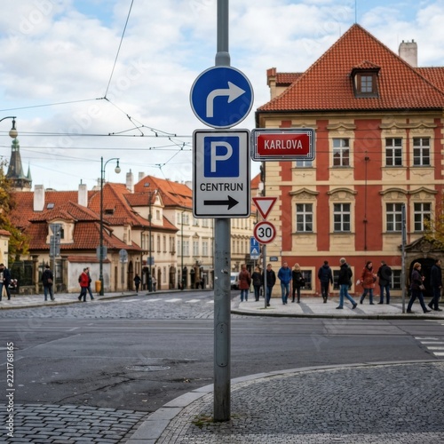 Prague street scene with traffic signs and historic buildings city crossroads people walking