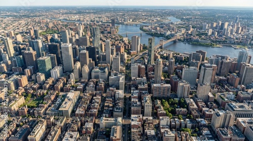 Sprawling Urban Skyline with River and Bridge Aerial View of a Dense Cityscape