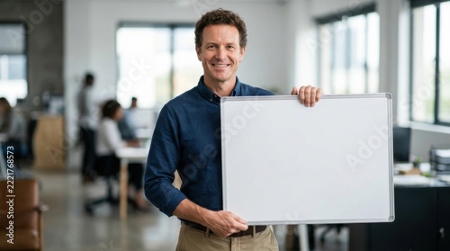 Smiling Man Holding Empty Whiteboard in Modern Office Business Presentation and Ideas Concept