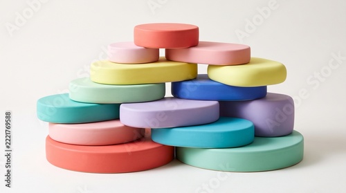 Colorful stacked circular platforms arranged in pyramid formation for
