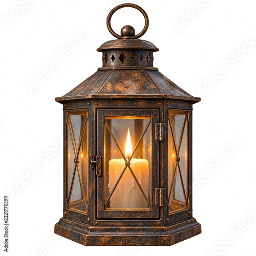 Vintage Lantern with Glowing Candle Isolated on Transparent Background