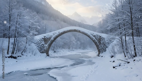 Snow-covered stone arch bridge in winter forest