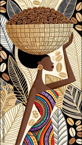 Flat design of an elegant African woman in an ethnic dress, carrying a basket of coffee beans on her head, set against a background adorned with decorative leaves.