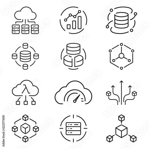 Premium Distributed SQL Database Sharding Metrics And Advanced Serverless Computing Cluster Line Vector Icon Set
