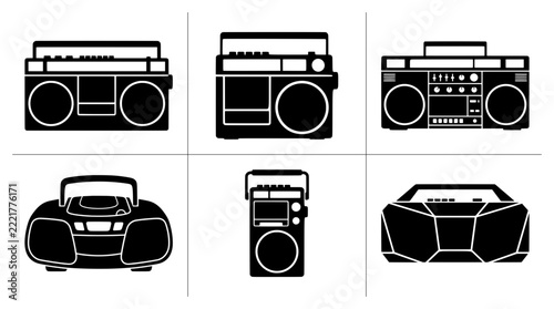 Boombox silhouettes set with retro portable music players for logo and signage