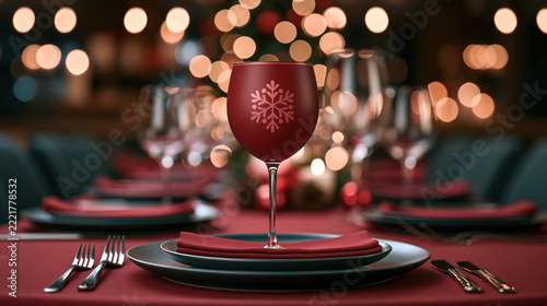 A festive table setting for a holiday celebration, featuring a wine glass adorned with a snowflake, crystal glassware, and elegant dinnerware, all illuminated by the soft glow of bokeh lights.