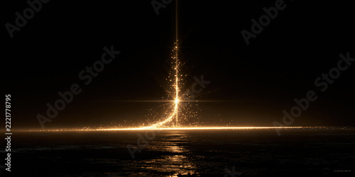 A burst of golden sparks erupts from a dark, reflective surface, creating a dramatic and mystical display of light and energy.
