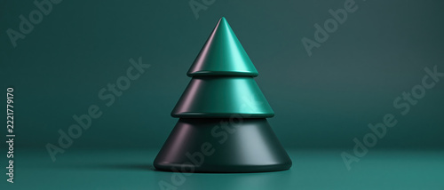 A minimalist, stylized Christmas tree rendered in sleek, metallic green, stands as a modern symbol of festive cheer against a deep teal backdrop, bathed in soft, ambient light.