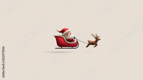 Santa Claus in his sleigh, pulled by a reindeer, travels through the sky against a soft, neutral background, evoking a festive and magical Christmas spirit.