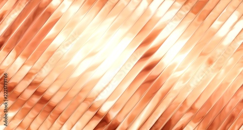 Gleaming metallic copper stripes featuring diagonal ridges creating dynamic reflective lighting patterns across smooth shiny surfaces within minimalist interior design settings
