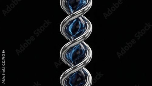 A shiny silver spiral structure twists around glowing blue liquid on a black background. Perfect for scientific, futuristic, or biotechnology concept visuals.