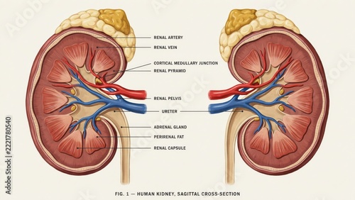 Detailed anatomical diagram showing cross-sections of human kidneys with labeled parts isolated on white background. Perfect for educational medical and healthcare reference.