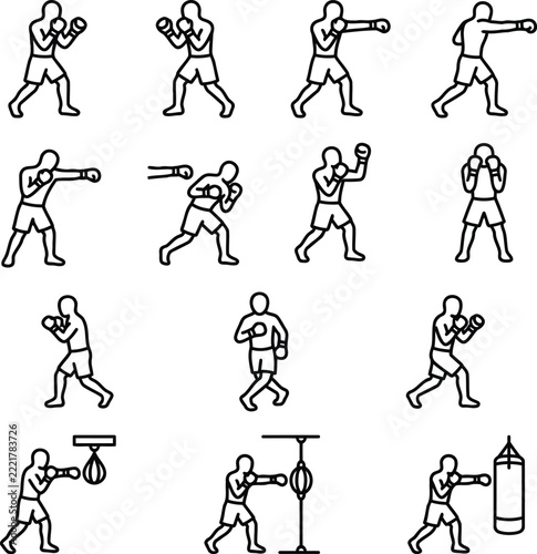 New year fitness boxing icons set featuring athlete training