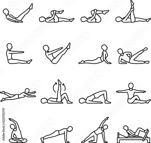 New year fitness pilates exercise icons set showing various body