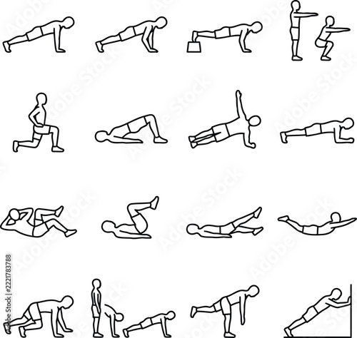 New year fitness workout routine icons set showing various bodyweight