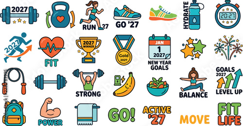 2027 new year fitness resolution icons set with workout equipment and