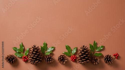 Minimalist Christmas Botanical Border With Pinecones And Holly On Terracotta Background