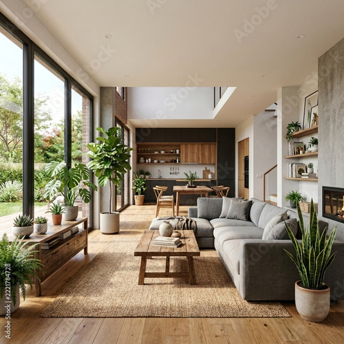 Modern open plan living room with large windows comfortable sectional sofa and abundant greenery Natural light fills the space highlighting wood textures and minimalist decor