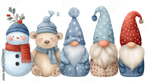 Watercolor illustration depicting an adorable group of snowmen, a rabbit, a penguin, and a gnome wearing cozy winter attire, ready for holiday festivities