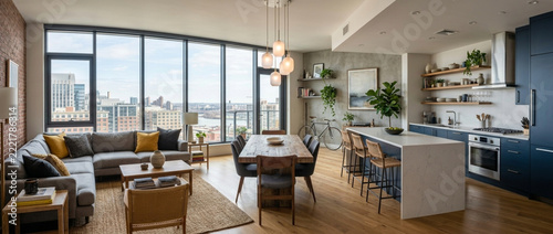 Modern Open Plan Apartment Interior with City View Sofa Dining Table and Kitchen Island