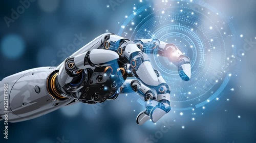 Robotic hand touches holographic interface, dark blue bokeh background, glowing particle ring reacting to fingertip, AI control visualization, gesture data