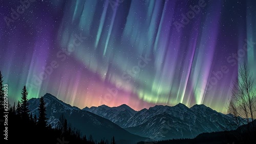 Vibrant aurora over mountain silhouettes, teal and purple curtains sweeping starry sky, pine foreground and layered ridgelines, lone hiker silhouette and night