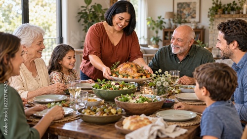 Smiling Woman Serving Roasted Poultry to Family Around a Daylit Dining Table