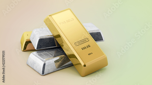 Gold and silver ingots isolated on green background. 3D illustration