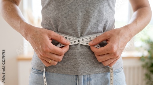 A woman with light skin adjusts a measuring tape around her waist while wearing a casual gray t-shirt in a bright, airy room.